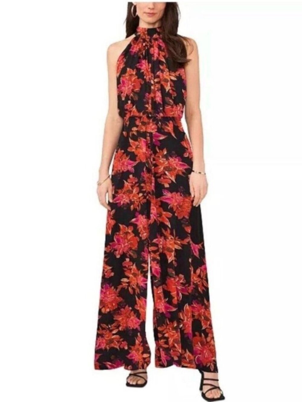 Vince Camuto Black Red Floral Wide Leg Jumpsuit Halter Tie-Neck Smocked Waist XL